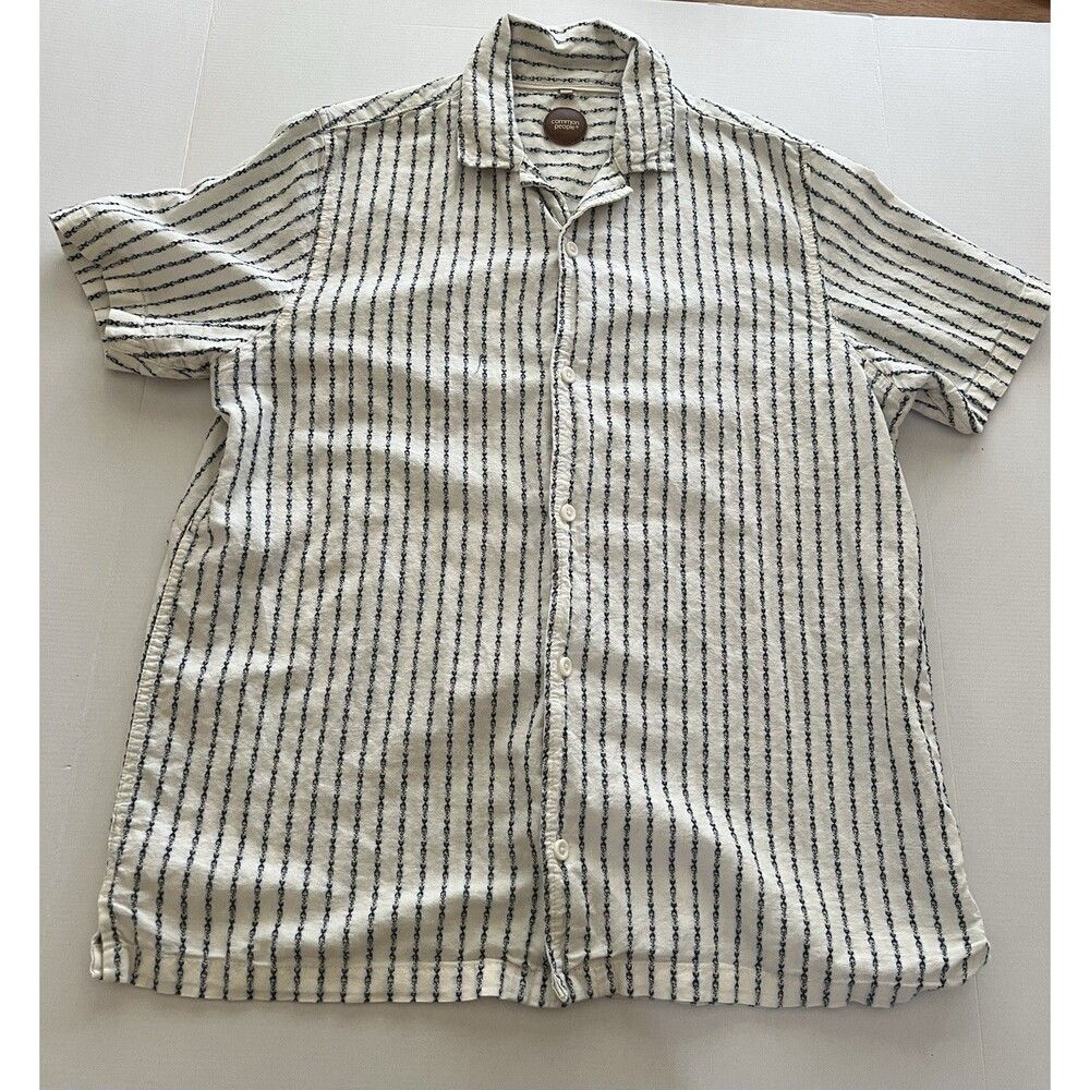 Common People Mens Button Down Shirt Size Large Blue White Striped Short Sleeve